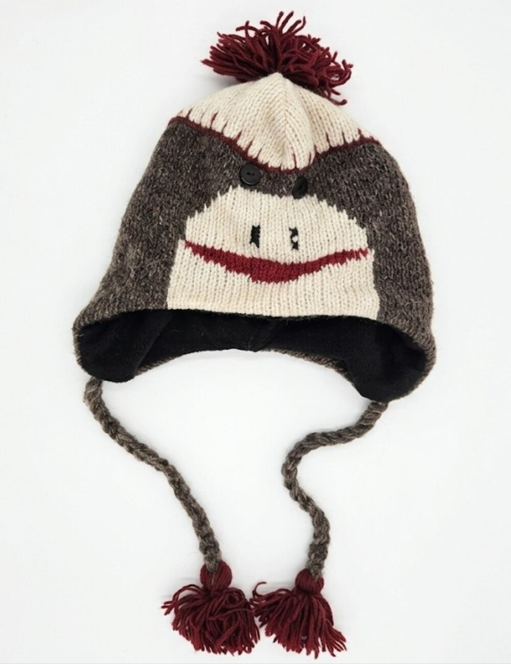 100% Wool Hand Knit Sock Monkey Hat Fleece Lined Made In Nepal - Unisex OS
